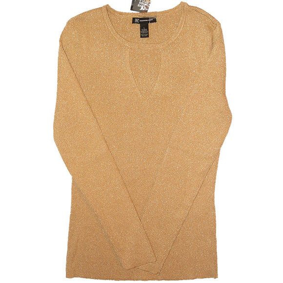 INC Ribbed Fitted Gold Metallic Choker Sweater - Picture 2 of 4